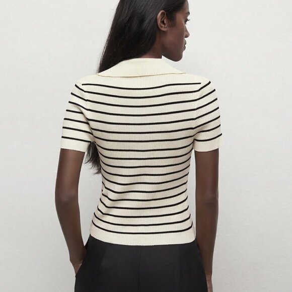 Apricot Casual Women's Lapel Striped Button Knitted Sweater - Picture 3 of 7